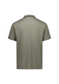 A men's short sleeve polo shirt in a muted olive green colour, featuring a collar and logo detail.