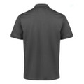 A dark grey men's short sleeve polo shirt featuring a collar and a back view. It has a logo on the chest.