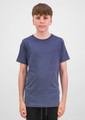 A youth short sleeve tee in navy blue, displayed on a model against a neutral background.