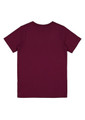 A maroon short sleeve tee featuring a plain back and a logo at the neckline. Suitable for kids.