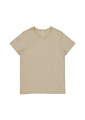 A beige women's short sleeve t-shirt featuring a simple design and a logo on the label.
