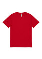 A red short sleeve t-shirt with a plain design and a logo label on the collar.