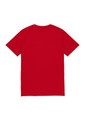 A red short sleeve tee with a plain back, featuring a logo on the neck area.