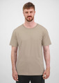 A beige men's short sleeve tee displayed on a male model, featuring a logo on the front.