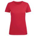 A red women's crew neck tee featuring short sleeves and a fitted design. It includes a logo detail.