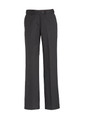 Grey women's adjustable waist slacks with a straight leg style, featuring pockets and a button closure.