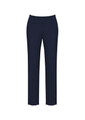 A pair of navy women's slim leg pants, featuring a bandless design, ideal for casual or formal wear.