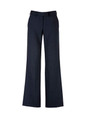 A pair of women's dark navy wool stretch pants with an adjustable waist and flared legs, featuring a waistband logo.