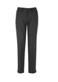 Slim leg pant in dark grey, featuring a waistband with button closure and slight side slits at the hem.