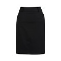 A black multi-pleat skirt with a fitted waistband, featuring a logo. Suitable for various occasions.