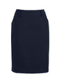A women's comfort wool stretch multi-pleat skirt in dark navy, featuring a fitted design and waistband with pockets.