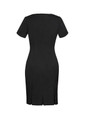 A black women's short sleeve shift dress with a fitted design and back zipper. Features a slit at the hem.