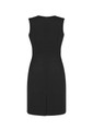 A black sleeveless dress featuring a V-neck design and a back zipper. The dress has a fitted silhouette and a slit at the back.