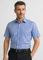A blue checkered short sleeve button-up shirt on a model, featuring a collar and buttons, with a belt visible.