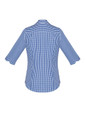A blue and white checkered women's button-up shirt featuring 3/4 sleeves and a back yoke with a logo.