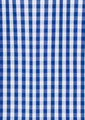 A blue and white checked fabric pattern, featuring a classic gingham design with a logo in the corner.