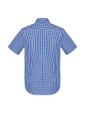 A short-sleeve button-up shirt in blue and white gingham check pattern, featuring a collar and back yoke with a brand logo.