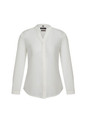 A white long sleeve blouse with a button-up front and a collarless design, featuring a logo.