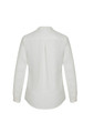 A white long sleeve blouse with a button-up design and a back pleat, featuring a subtle branding logo.
