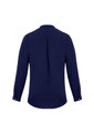 A navy blue women's long sleeve blouse with a button-up design and a back pleat.