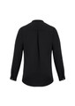 A black long sleeve blouse with a button-up design and a smooth finish. It features a back pleat for added detail.