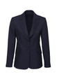 A women's longline jacket in navy, featuring a tailored fit and two front pockets. Includes a logo on the label.