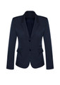 A navy women's mid-length jacket with a two-button closure and a fitted silhouette. Features a branded logo.