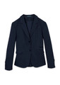 A navy blue mid-length women's jacket with a two-button design and front pockets, featuring a logo.