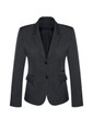 A women's mid-length jacket in dark grey, featuring a two-button closure and a fitted silhouette.
