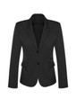 A black mid-length women's jacket with two buttons and a fitted design. It features a notched collar and pockets.