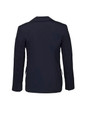 A women's longline jacket in dark navy with a fitted design and button details on the sleeves. It features a logo.
