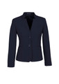 A navy short jacket with a reverse lapel and two buttons, featuring a fitted silhouette. It includes a logo.