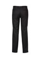 Flat front black slacks for men with a smooth design and two back pockets. Features a logo.