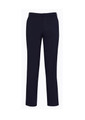 Navy slimline pants with a tailored fit, featuring a waistband and pockets. Includes a logo on the back.