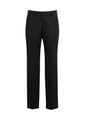 A pair of black slacks with an adjustable waist, featuring a sleek design and a logo on the waistband.