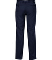 Navy adjustable waist pants with a straight cut and two back pockets, featuring a logo. Ideal for casual or formal wear.
