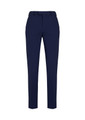 Slim fit flat front pants in navy blue, featuring a sleek design and a waistband with a logo.