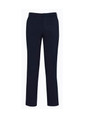 Dark navy slimline pants with a smooth finish and a waistband, featuring a logo on the back.