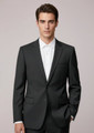 A black two-button jacket with a tailored fit, featuring a notched lapel and pockets, displayed on a model.