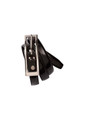 A black semi-patent belt with a silver buckle, featuring a sleek design and shiny finish.