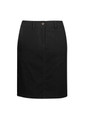 A black women's skirt with a straight cut, featuring a front zipper and waistband with a button. It has a logo on the waistband.