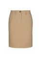 A khaki women's skirt featuring a front button closure and two side pockets. It has a simple and classic design.