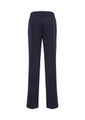 Navy slacks with a straight-leg cut and pockets at the back, featuring a logo on the waistband.
