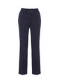 A pair of navy slacks featuring a straight-leg design and two front buttons. The garment has a logo.