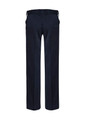 Navy blue women's slacks featuring a sleek design, with a belt and two side pockets.