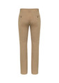 Beige chinos with a slim fit, featuring back pockets and a branded logo, viewed from the back.