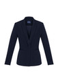 A fitted women's blazer in navy blue with a single button and tailored design. Includes a logo on the inside.