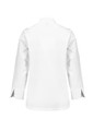 A white long sleeve chef jacket with a classic collar and side slits, featuring a logo on the back.