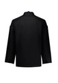 A black long sleeve chef jacket featuring a classic design and a logo on the back. Suitable for culinary uniforms.