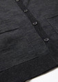 A dark charcoal knit cardigan featuring a button front and two front pockets. The fabric appears soft and textured.